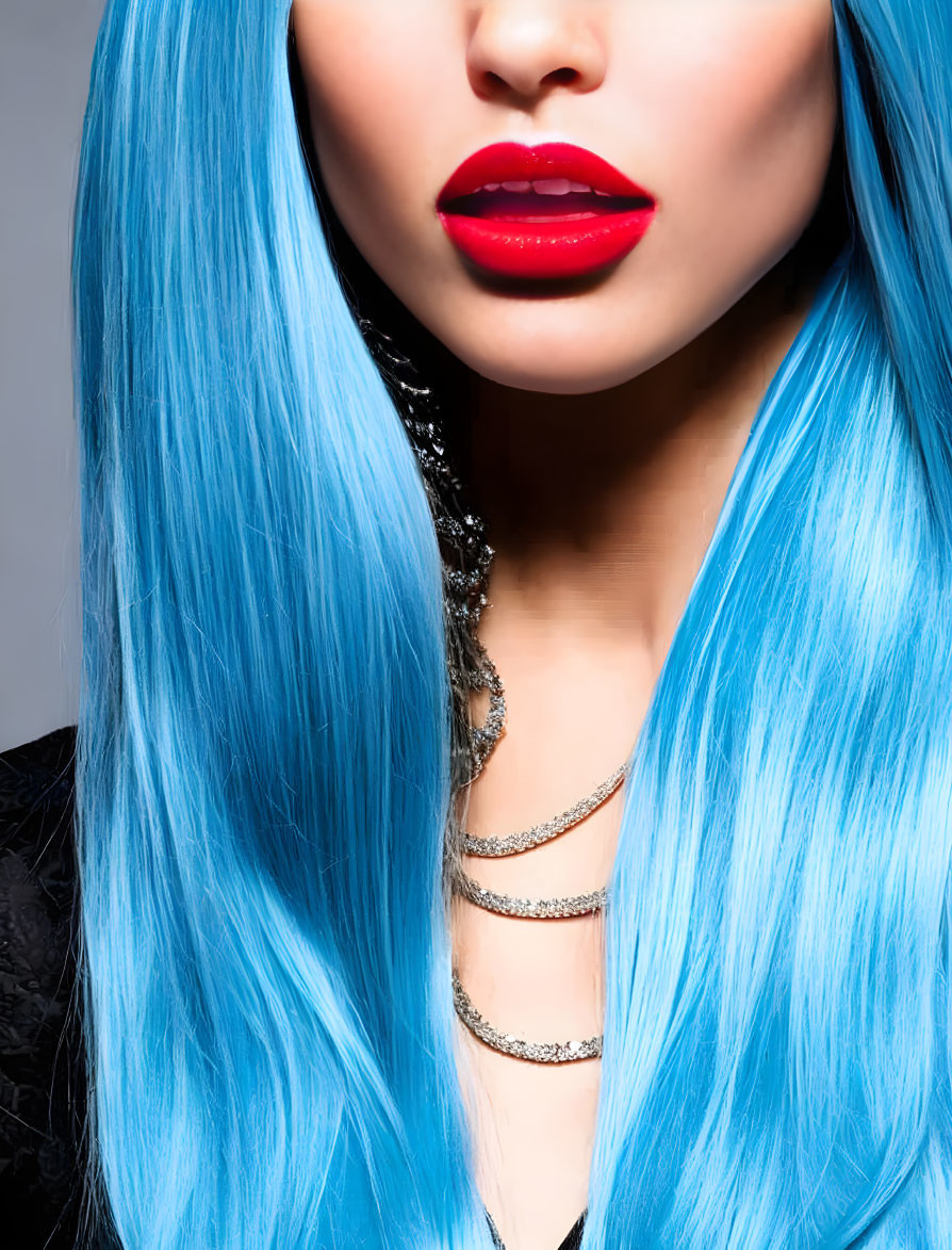 Vivid Blue Hair and Bold Red Lipstick Close-Up Portrait