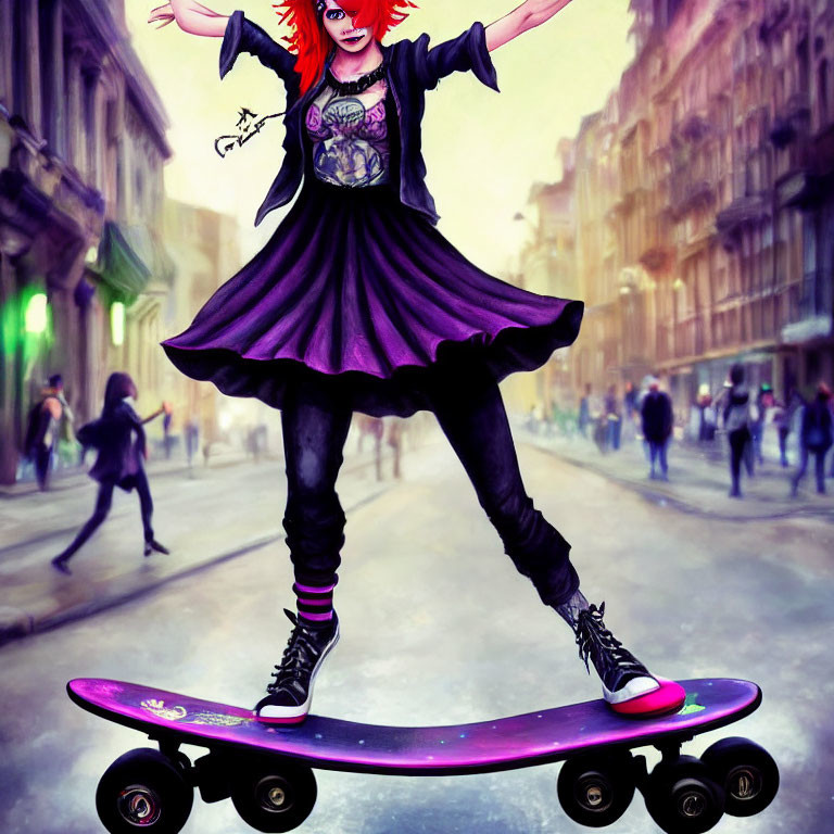 Illustration of red-haired girl skateboarding in city street outfit