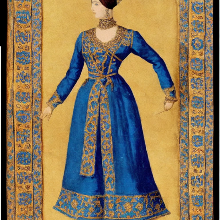 Figure in Royal Blue Dress Against Yellow Background with Blue Patterns