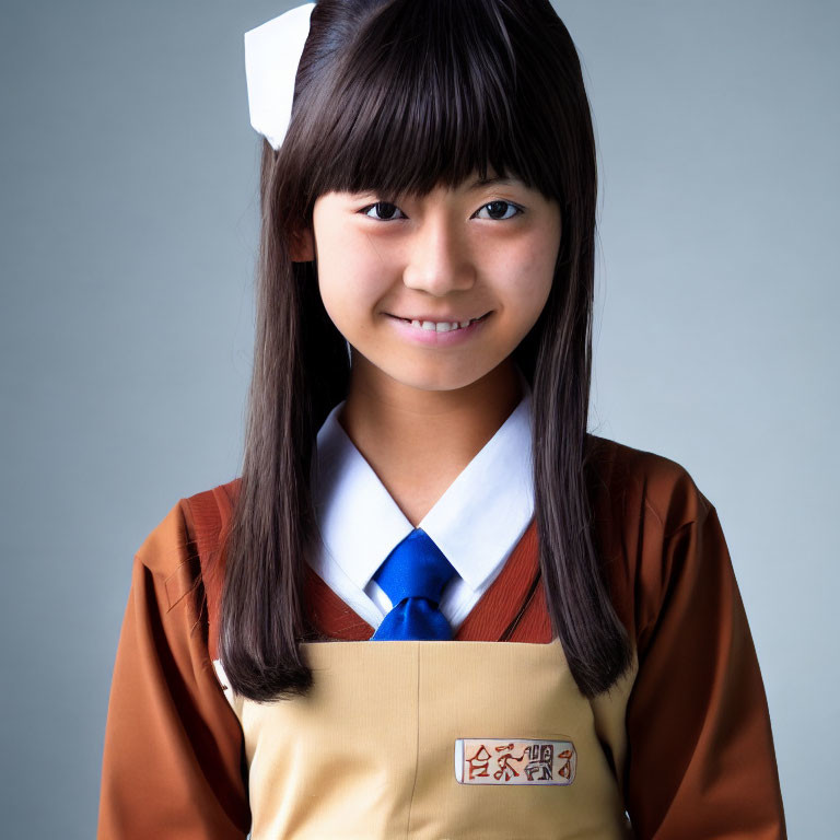 Young girl in brown school uniform with badge, white collar, necktie, and straight hair, smiling