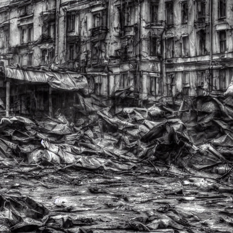 Monochrome image of severely damaged building with rubble and debris.