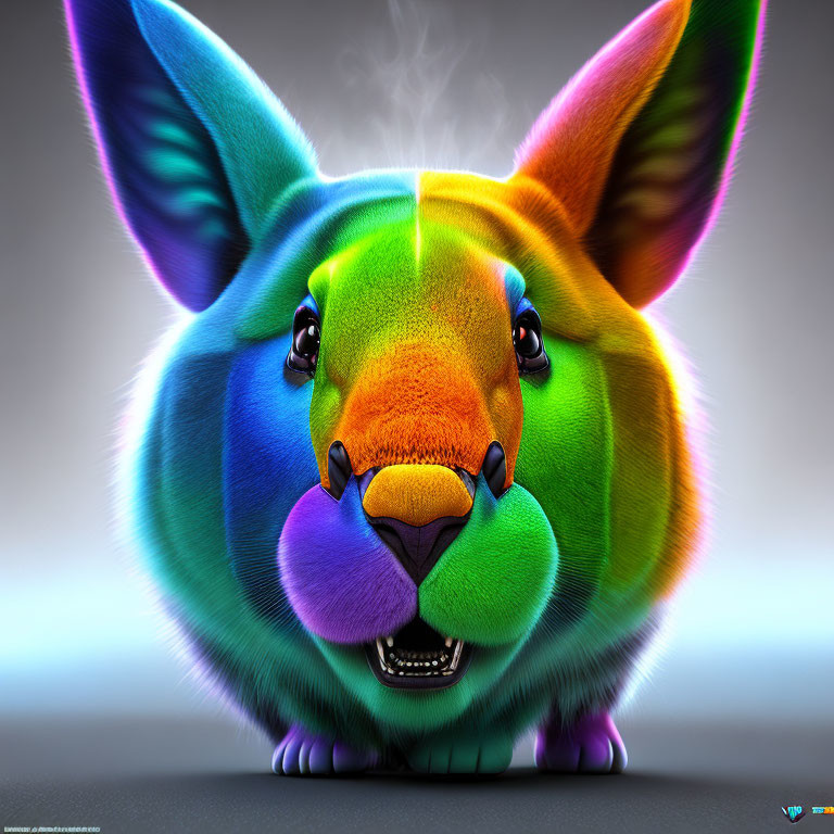 Colorful Illustration: Fantastical Rabbit Creature with Neon Fur