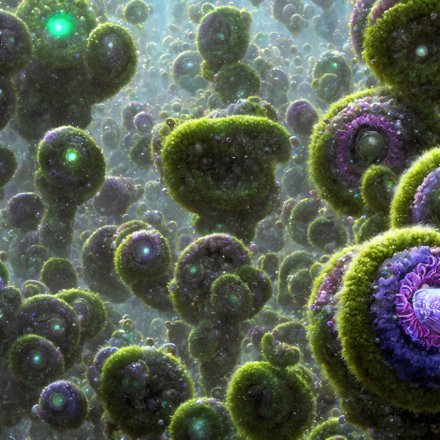 Green and Purple Intricate Cell Clusters with Glowing Details