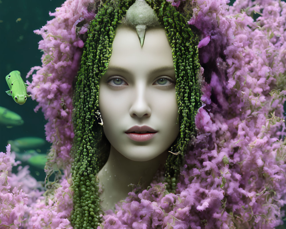 Vibrant surreal portrait with female face and green creature in flora