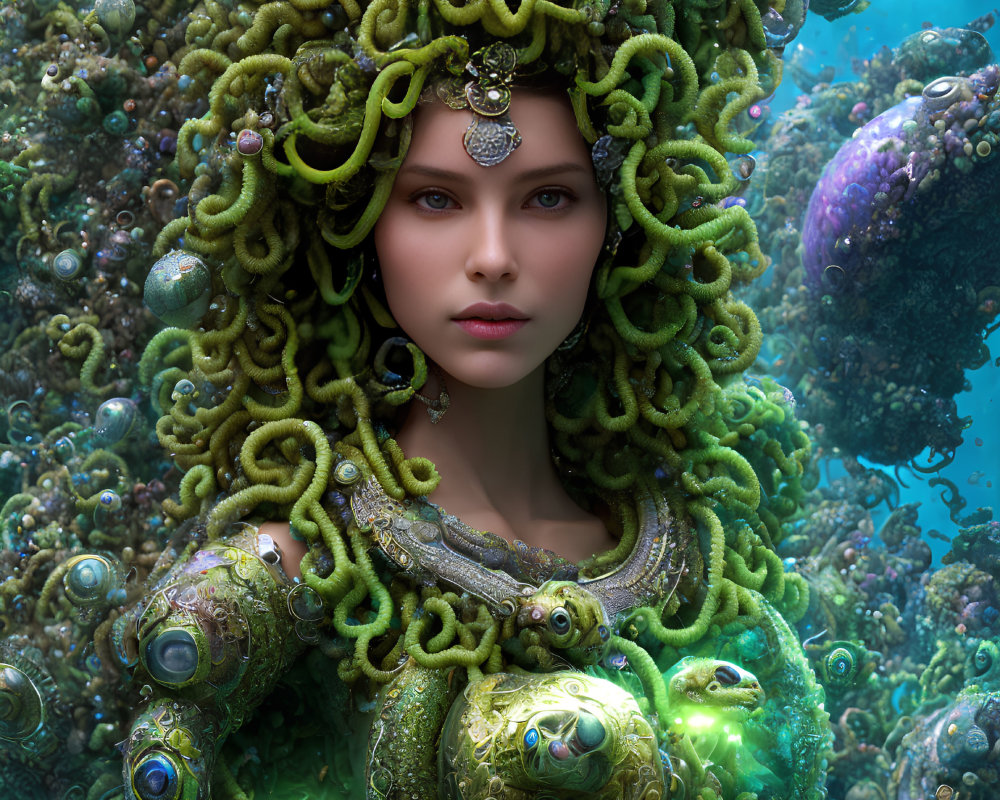 Digital Artwork: Woman adorned with greenery, tentacles, orbs, and ornate jewelry