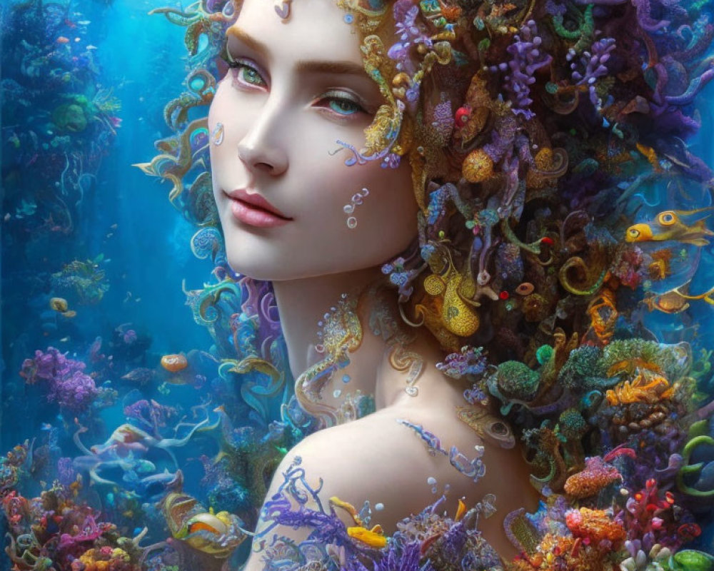 Fantasy Woman with Marine Life Hair in Vibrant Underwater Scene