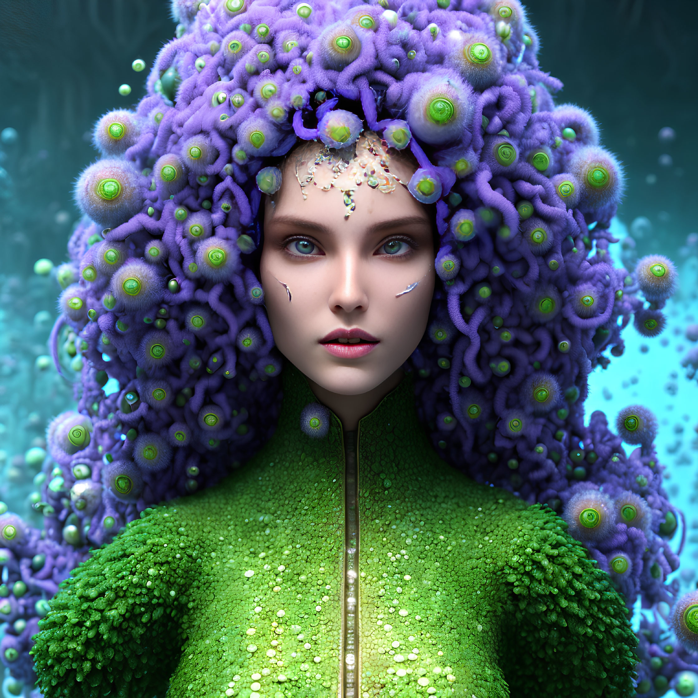 Digital artwork of woman with purple tentacle-like hair and green eyes on teal background with textured green outfit