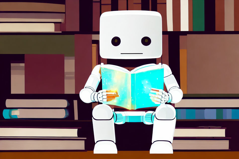 White robot reading book in front of glowing illustration and bookshelf.