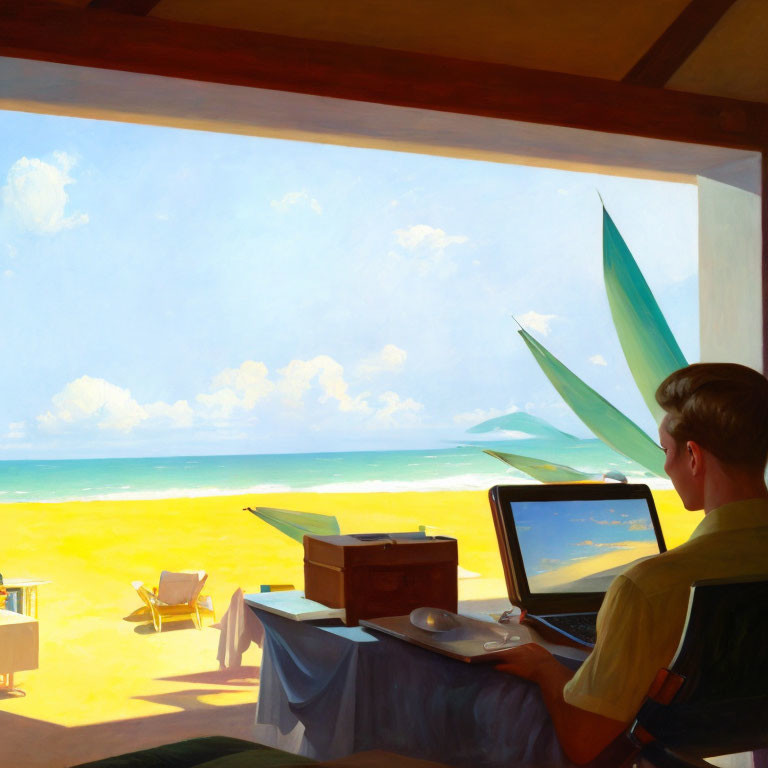 Person working on laptop with beach view and travel items in room