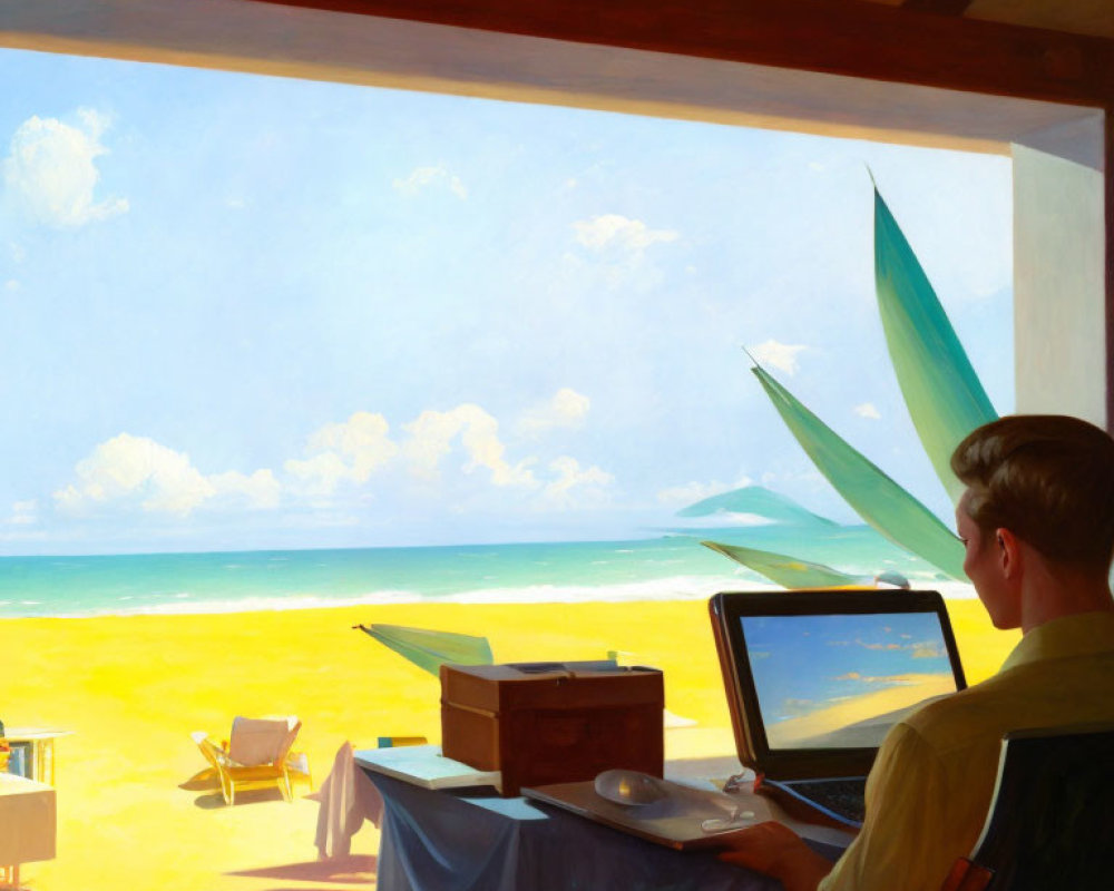 Person working on laptop with beach view and travel items in room