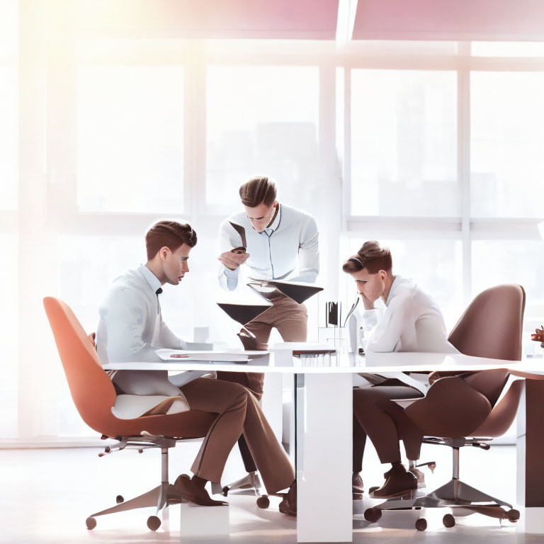 Three Professionals Discussing Work in Modern Office Setting