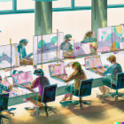 Vibrant illustration of modern office with people working at desks.