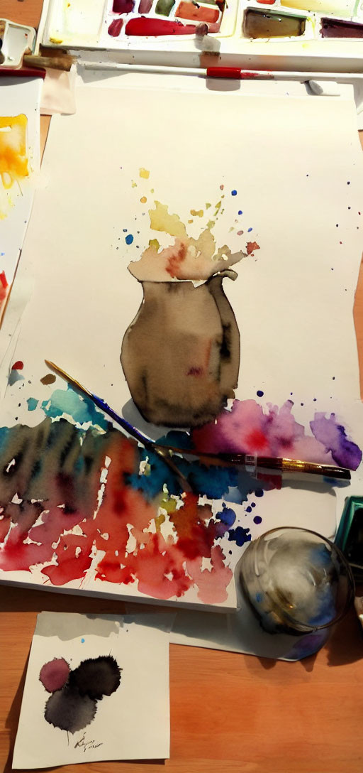 Vase Watercolor Painting with Colorful Splashes on Canvas