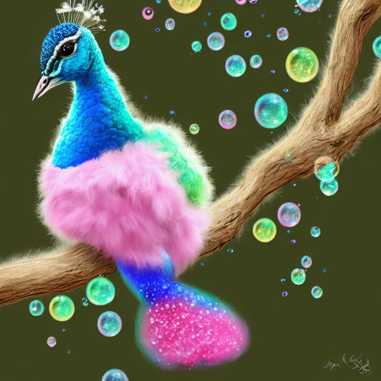 Colorful Digital Peacock with Glittering Tail on Branch