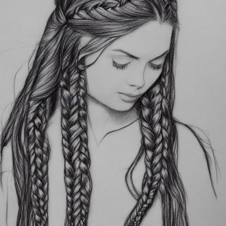 Detailed pencil sketch of woman with intricate braided hair and closed eyes.