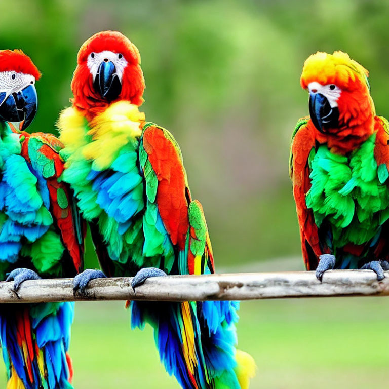 Vibrant macaws on branch with lush greenery