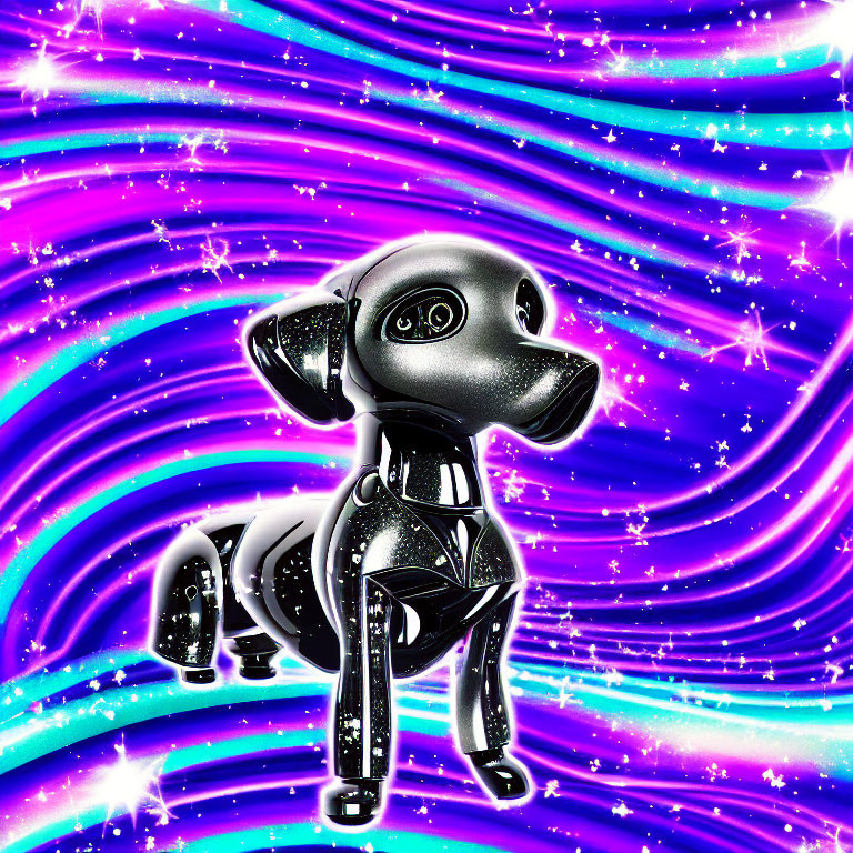 Metallic Dog Sculpture Against Swirling Purple and Blue Background