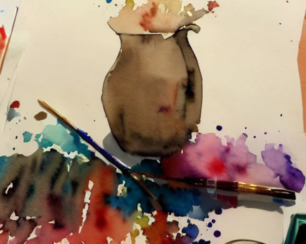 Vase Watercolor Painting with Colorful Splashes on Canvas