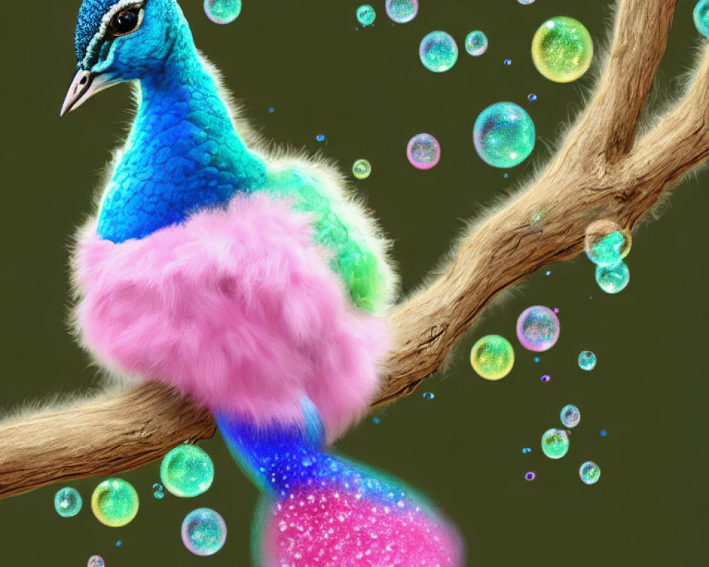 Colorful Digital Peacock with Glittering Tail on Branch