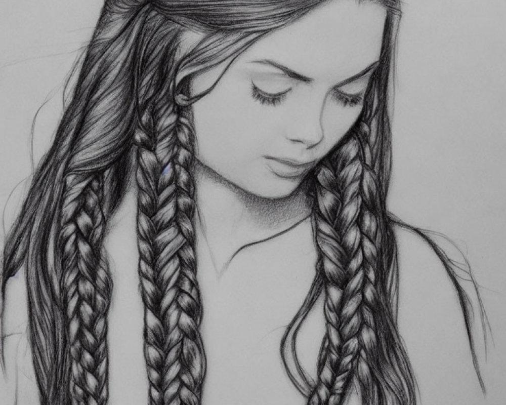 Detailed pencil sketch of woman with intricate braided hair and closed eyes.