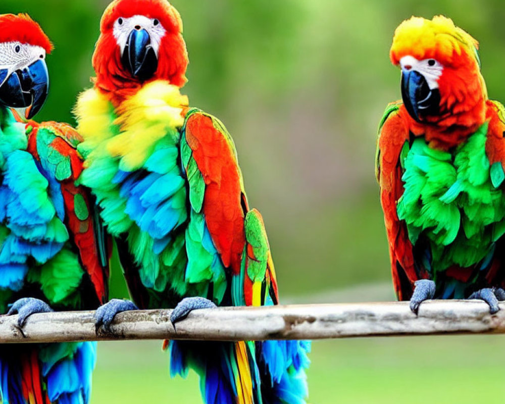 Vibrant macaws on branch with lush greenery