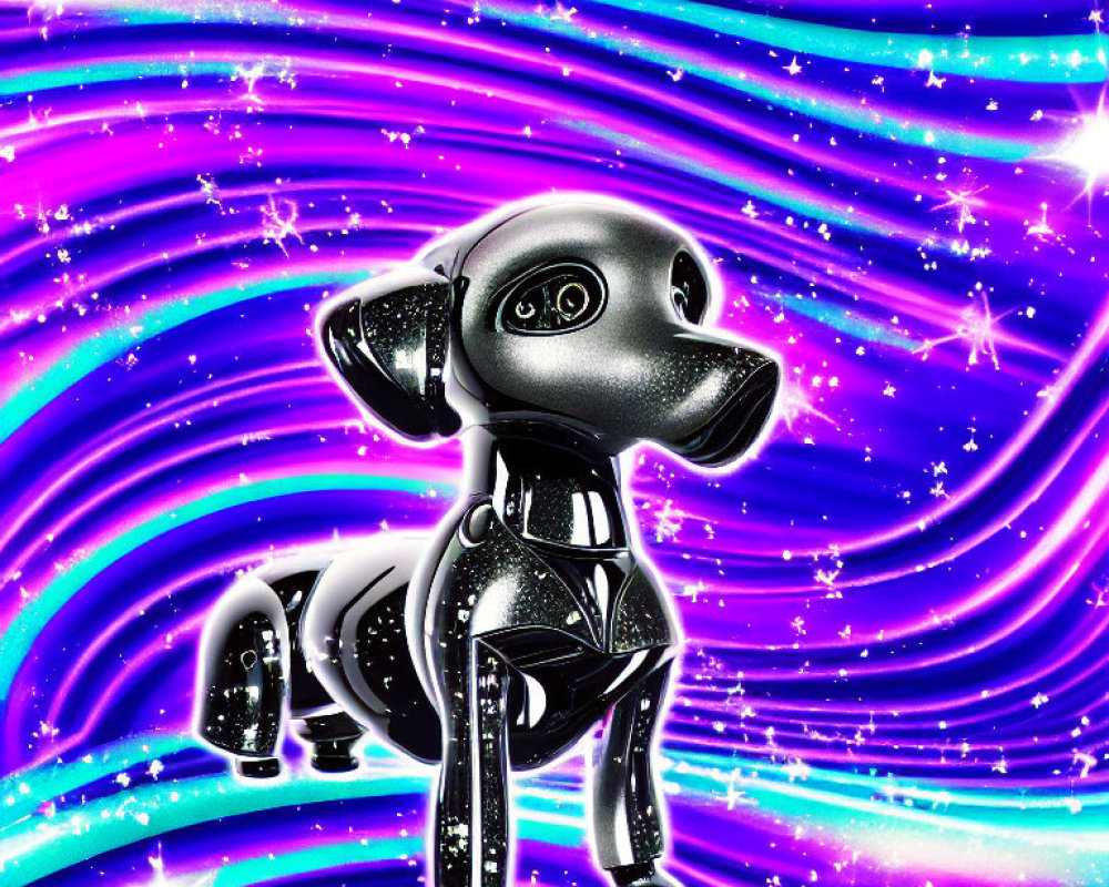 Metallic Dog Sculpture Against Swirling Purple and Blue Background