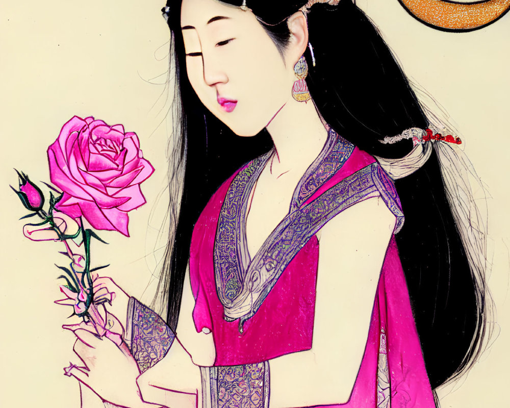 Traditional Asian Attire Woman Holding Pink Rose with Crescent Moon