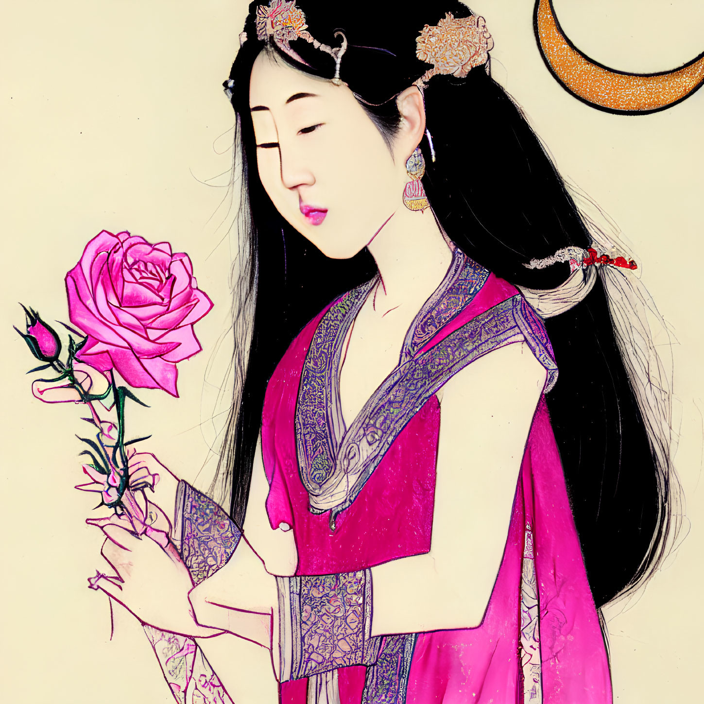 Traditional Asian Attire Woman Holding Pink Rose with Crescent Moon