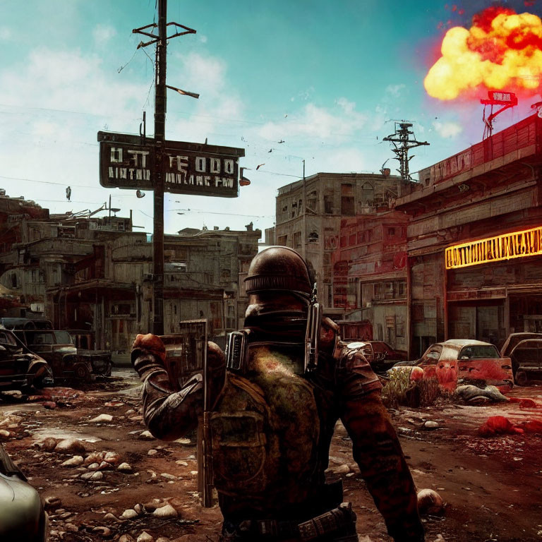 War-torn urban landscape with soldier amidst devastation and fiery sky