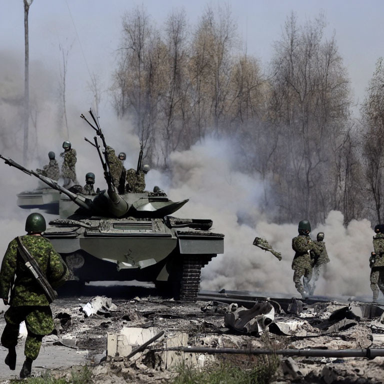 Military soldiers in camouflage advancing with a tank in a battlefield.