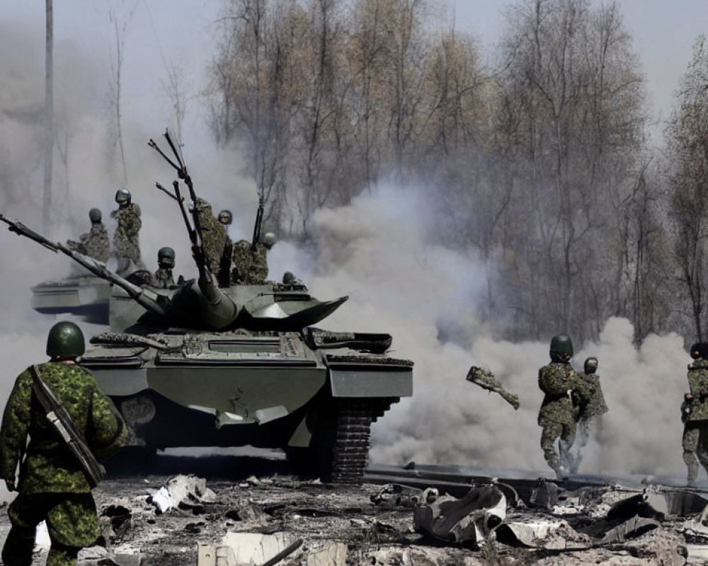 Military soldiers in camouflage advancing with a tank in a battlefield.