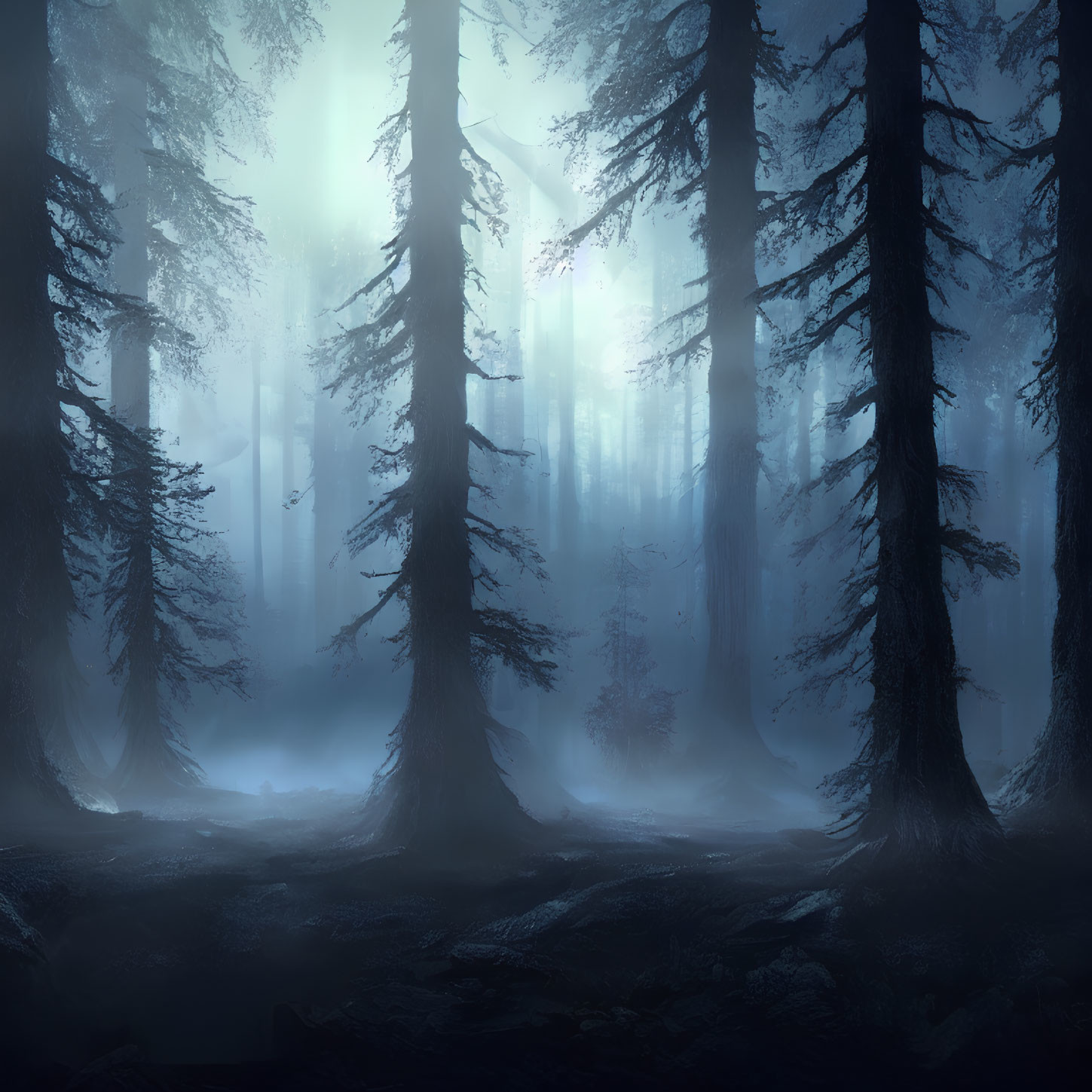 Ethereal forest with towering trees and misty atmosphere