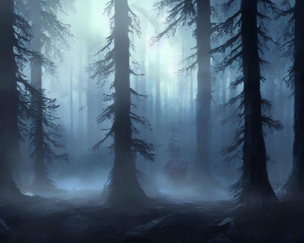 Ethereal forest with towering trees and misty atmosphere