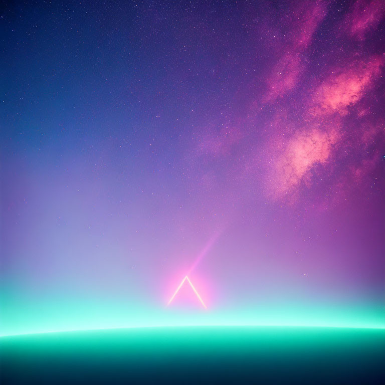 Colorful digital artwork: Neon horizon, pink and blue gradient, bright light beam, starry galaxy