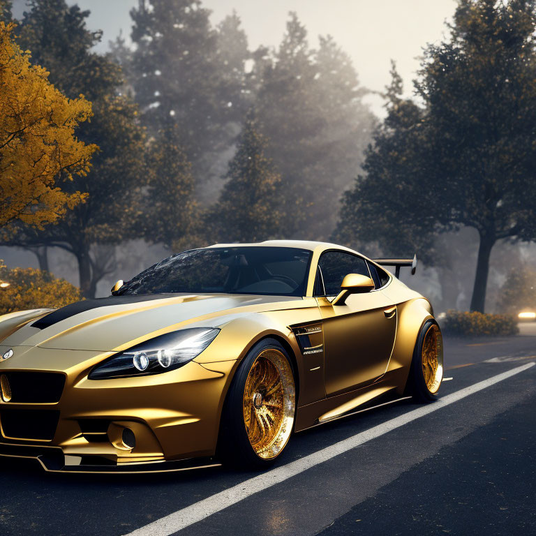 Golden sports car parked on foggy forest road with autumn trees