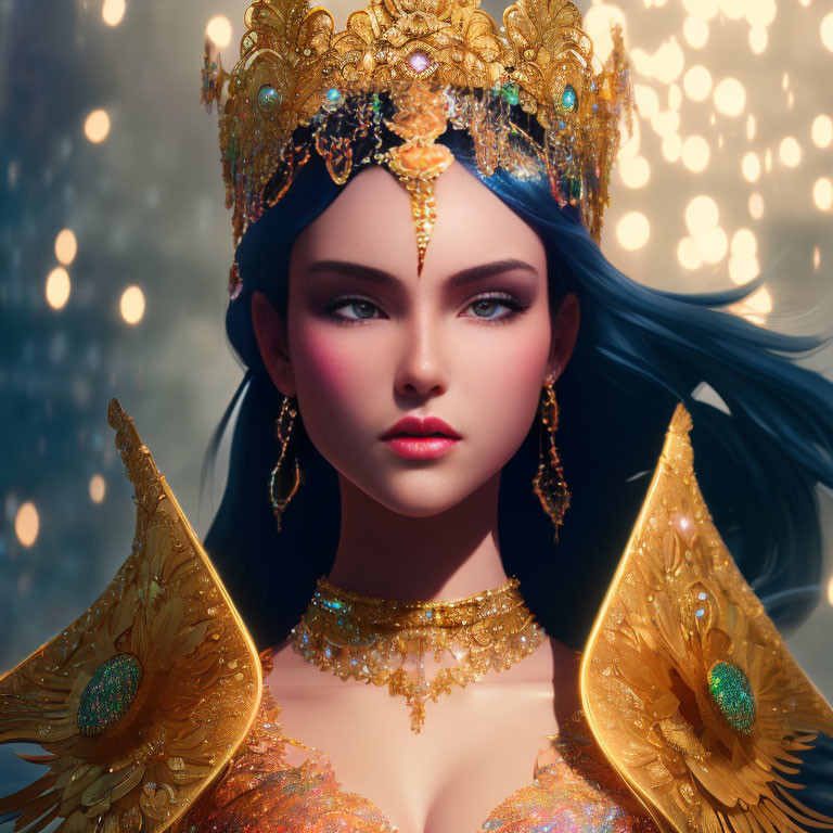 Digital Artwork: Woman with Striking Blue Eyes and Golden Crown