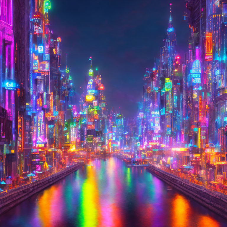 Futuristic neon-lit cityscape with vibrant colors reflecting on water canal