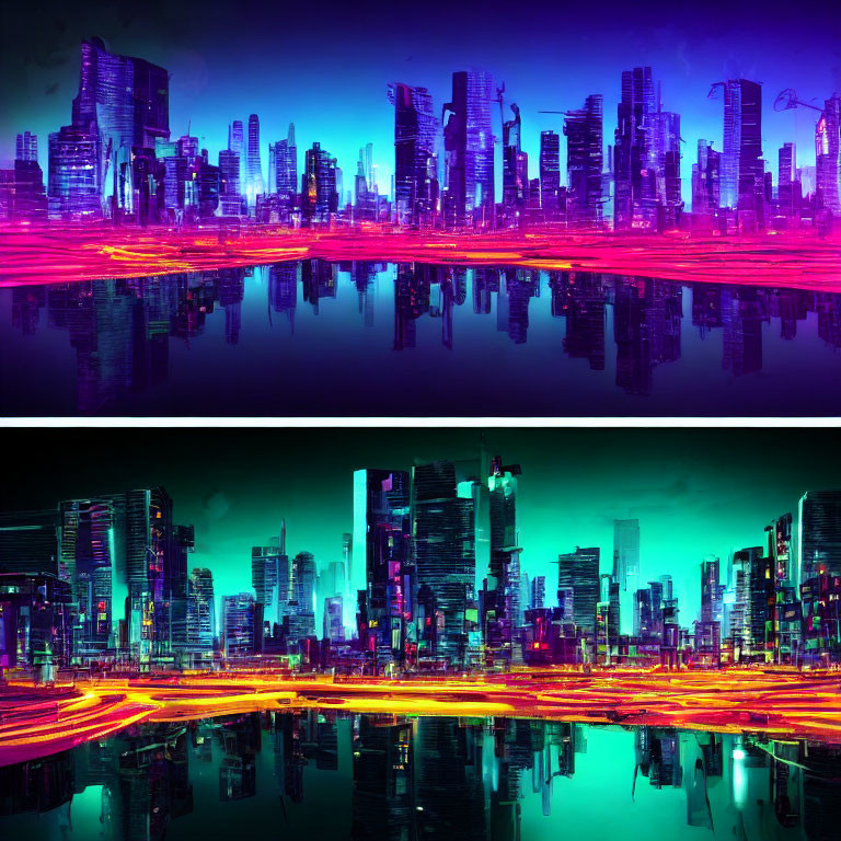 Colorful futuristic cityscape with neon reflections and skyscrapers