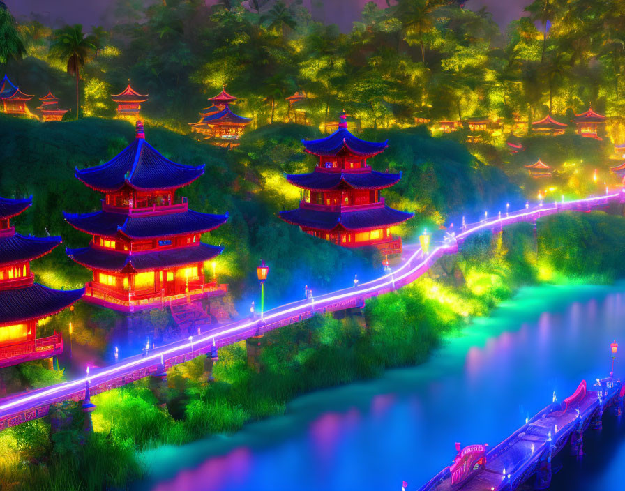 Neon-lit Asian pagodas by calm river in lush setting