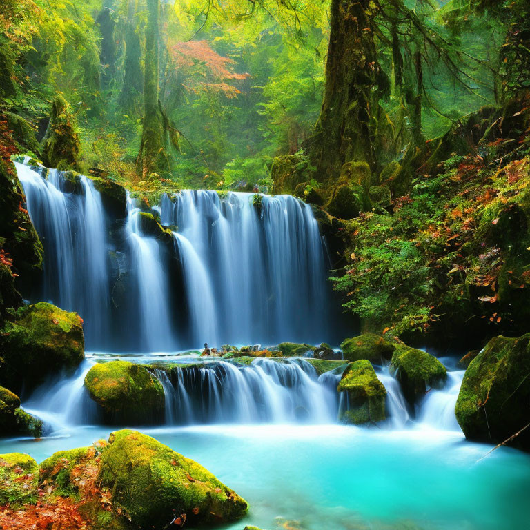 Tranquil waterfall over mossy rocks in lush autumn forest