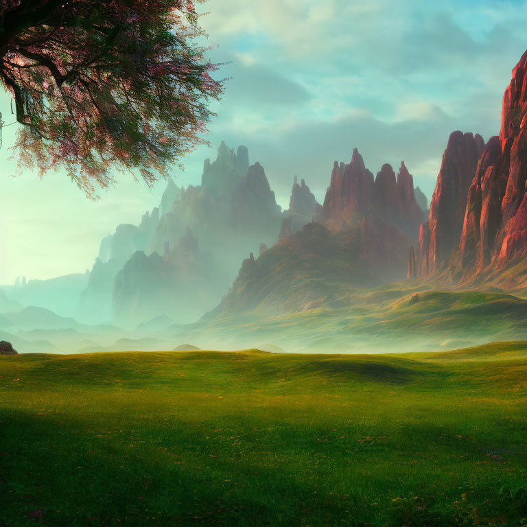 Vibrant green field with pink tree, misty mountains, and red cliffs under warm sky