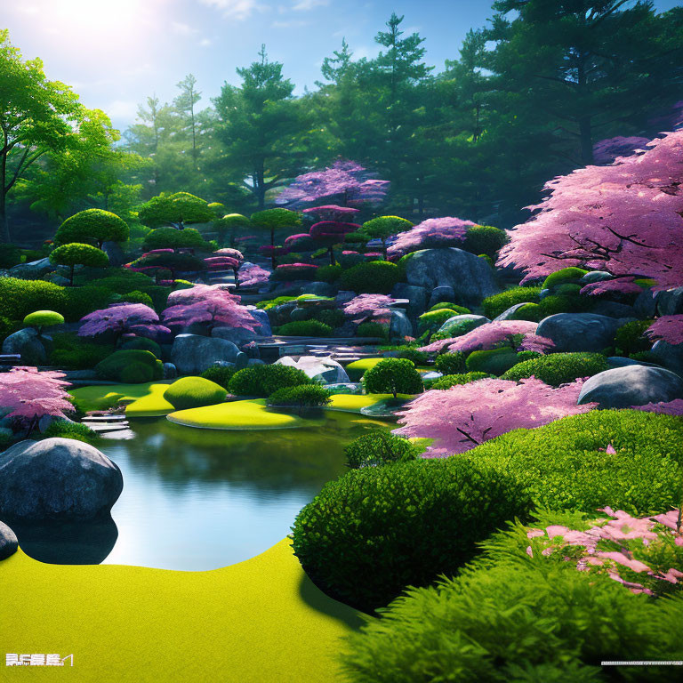 Tranquil Japanese Garden with Pink Cherry Blossoms and Stream