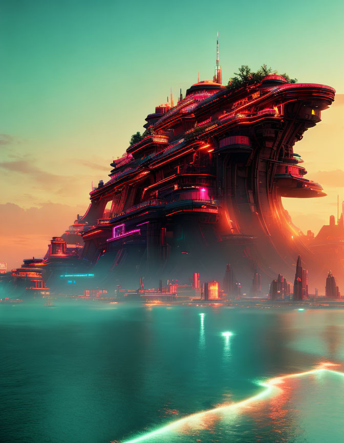 Futuristic cityscape with layered architecture in orange and teal hues