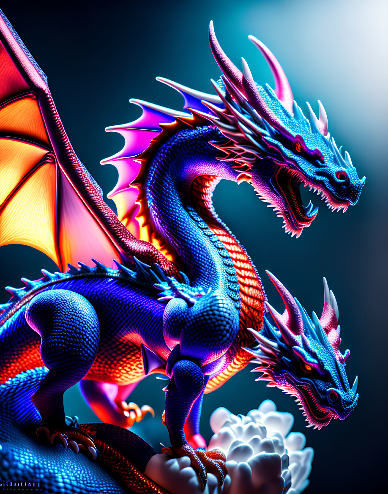 Colorful Multi-Headed Dragon Illustration with Glowing Wings