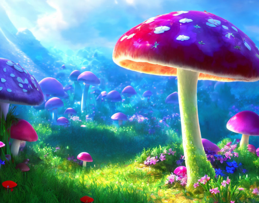 Colorful Oversized Mushrooms in Enchanting Forest Glade