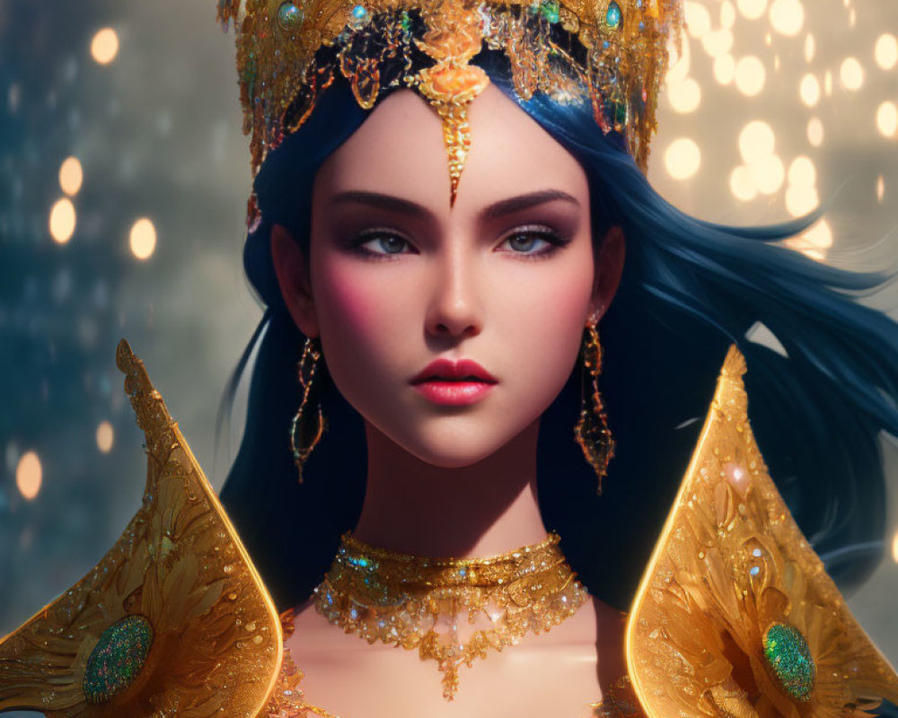 Digital Artwork: Woman with Striking Blue Eyes and Golden Crown