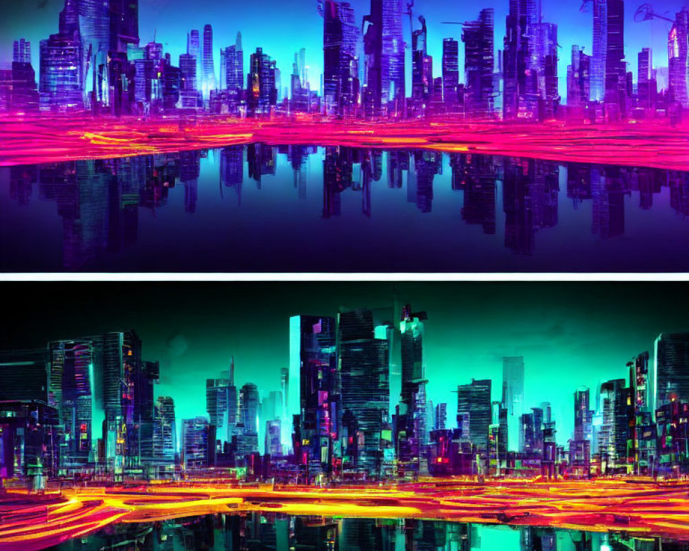 Colorful futuristic cityscape with neon reflections and skyscrapers