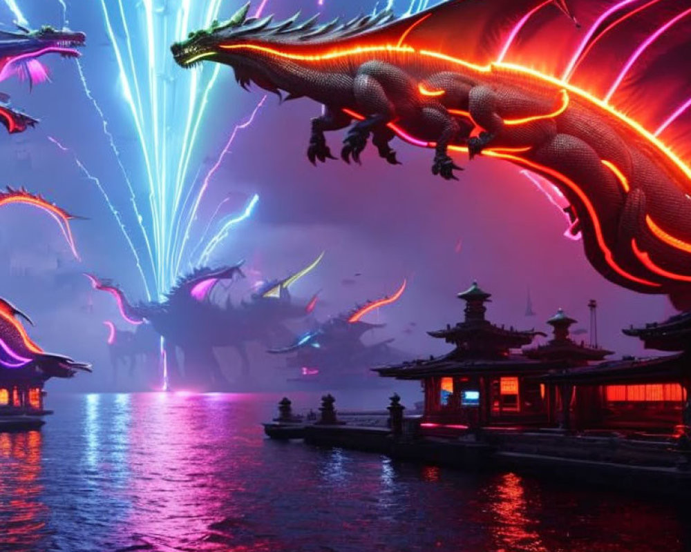 Neon-lit dragons flying over Asian-style buildings by water