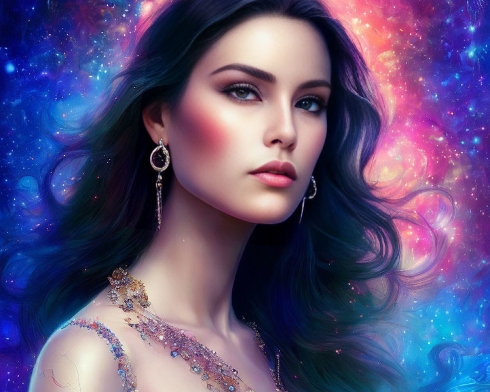 Dark-haired woman with blue eyes in ornate dress against cosmic backdrop