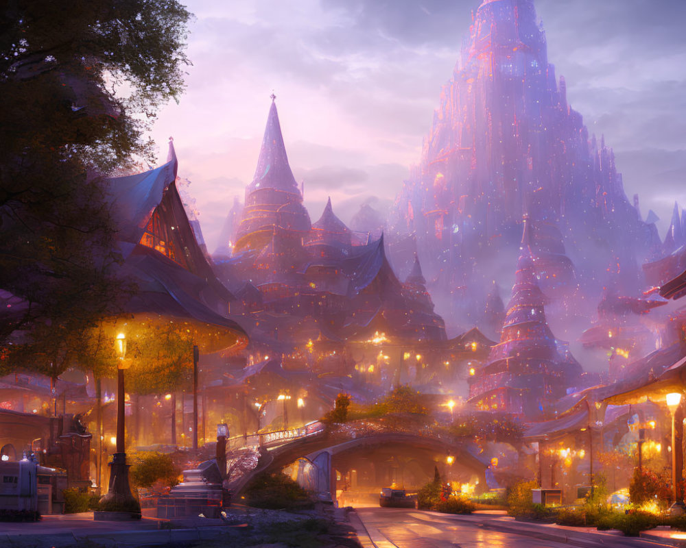 Mystical cityscape at dusk with illuminated spires and glowing castle